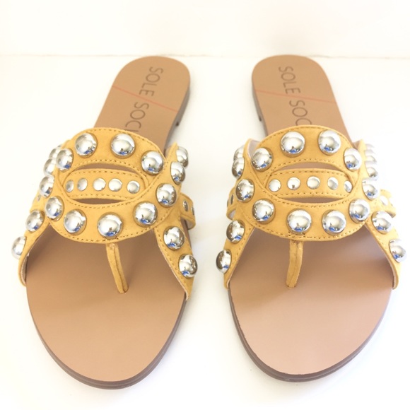 Sole Society Shoes - Emmalyn Mustard Stud Thong Leather Sandals 8 1/2